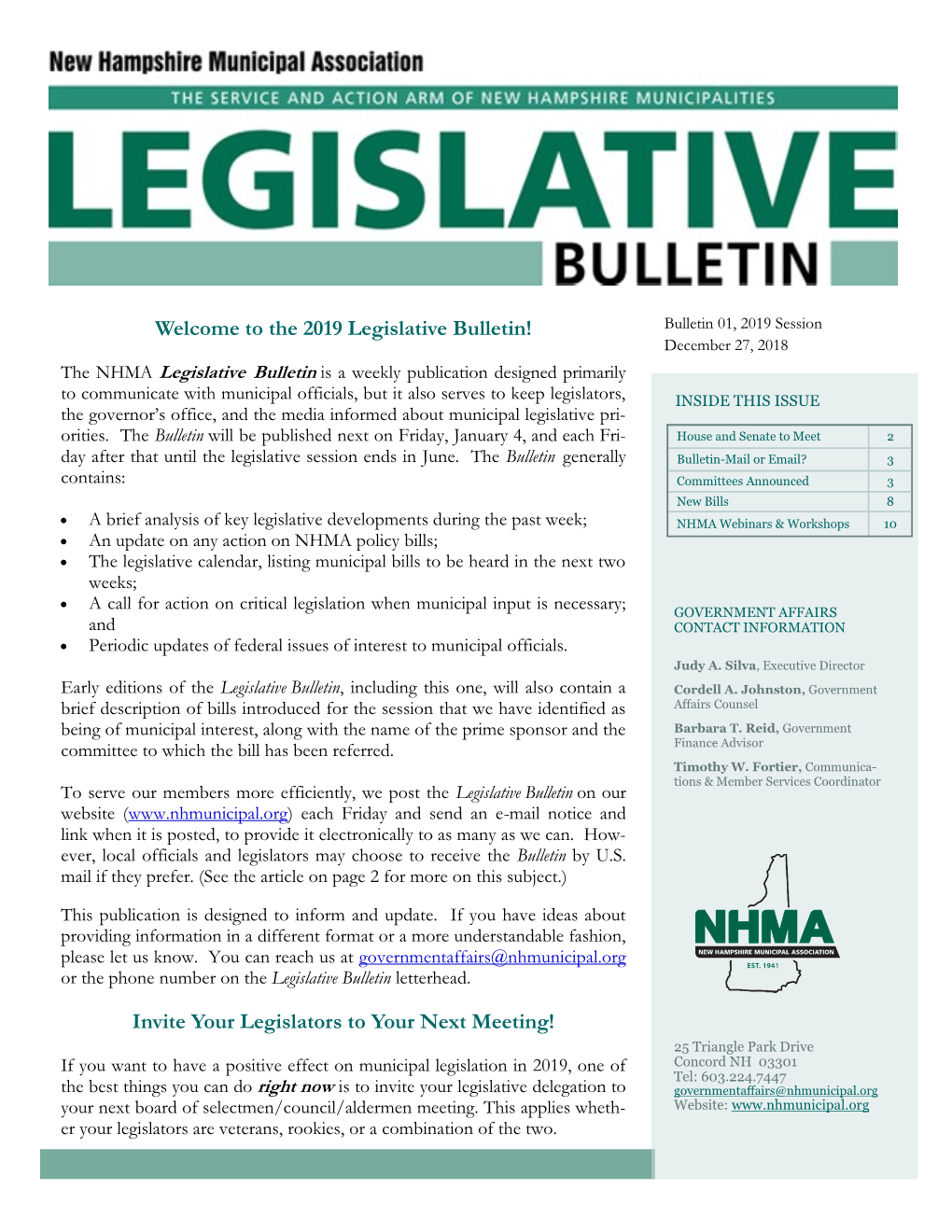 Welcome to the 2019 Legislative Bulletin!