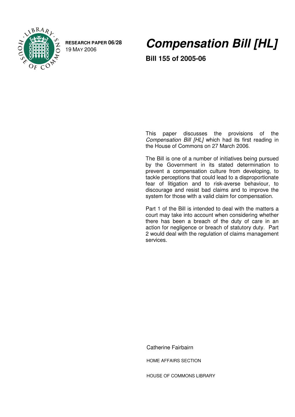 Compensation Bill [HL] 19 MAY 2006 Bill 155 of 2005-06