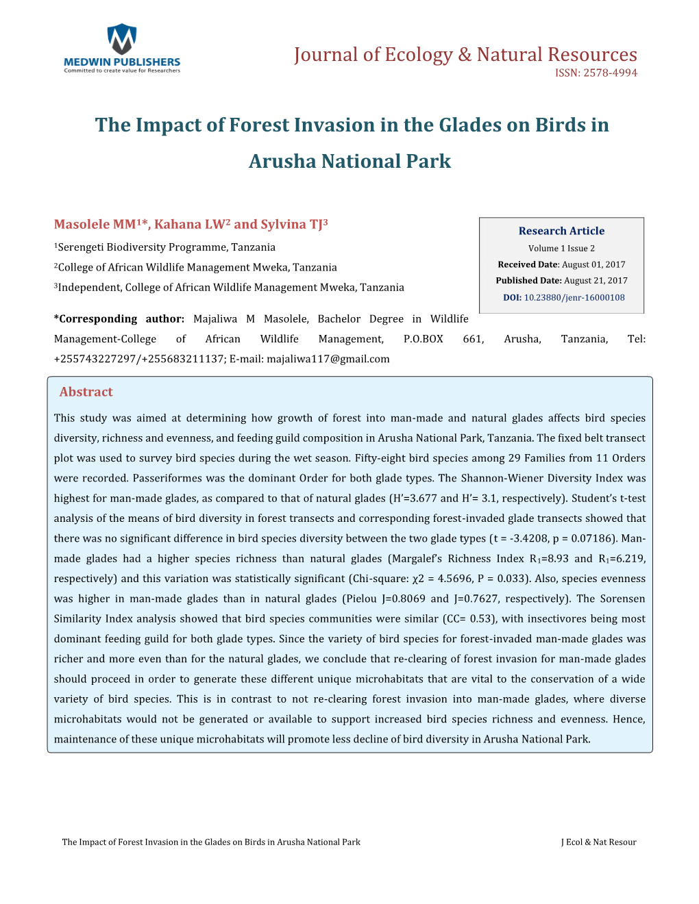 Masolele MM. the Impact of Forest Invasion in the Glades on Birds in Arusha Copyright© Masolele MM