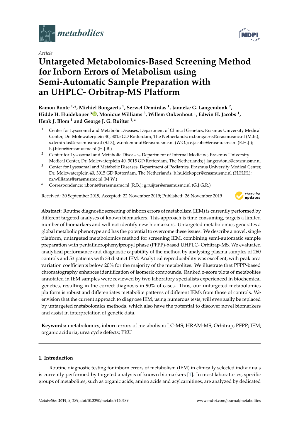 Untargeted Metabolomics-Based Screening Method for Inborn Errors of Metabolism Using Semi-Automatic Sample Preparation with an UHPLC- Orbitrap-MS Platform