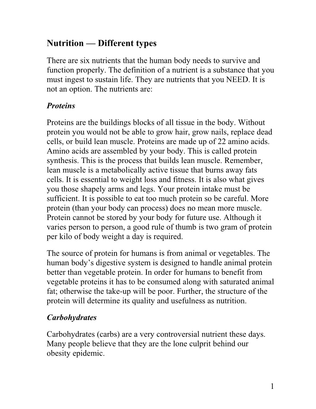 Nutrition Six Types