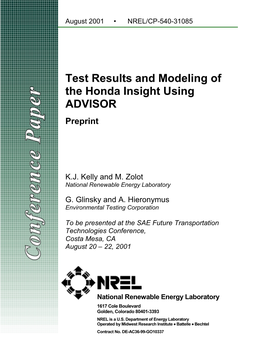 Test Results and Modeling of the Honda Insight Using ADVISOR Preprint