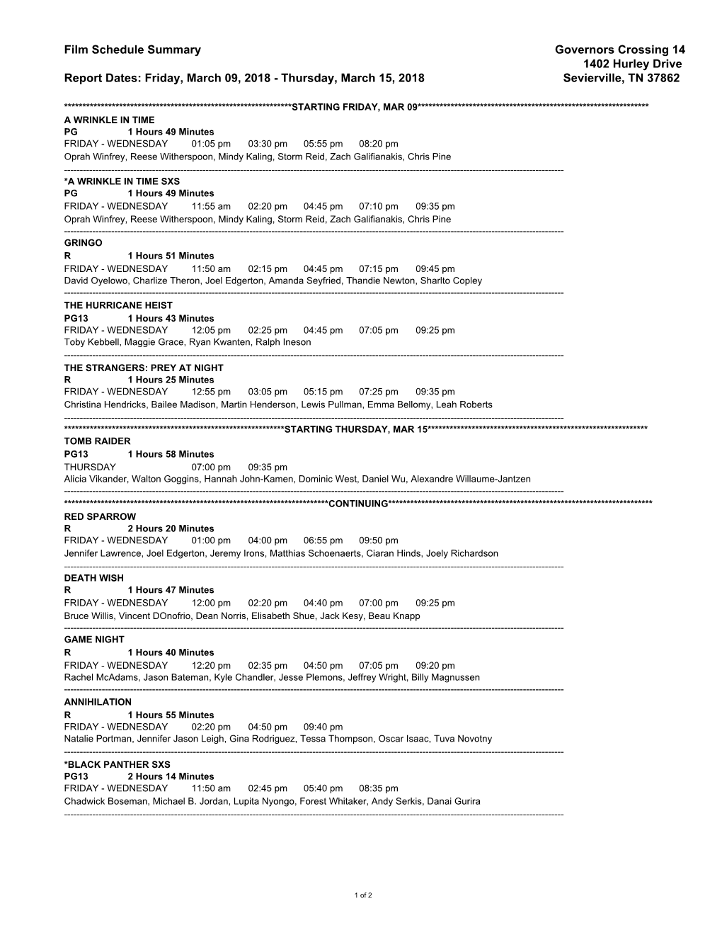 Film Schedule Summary Governors Crossing 14 1402 Hurley Drive Report Dates: Friday, March 09, 2018 - Thursday, March 15, 2018 Sevierville, TN 37862