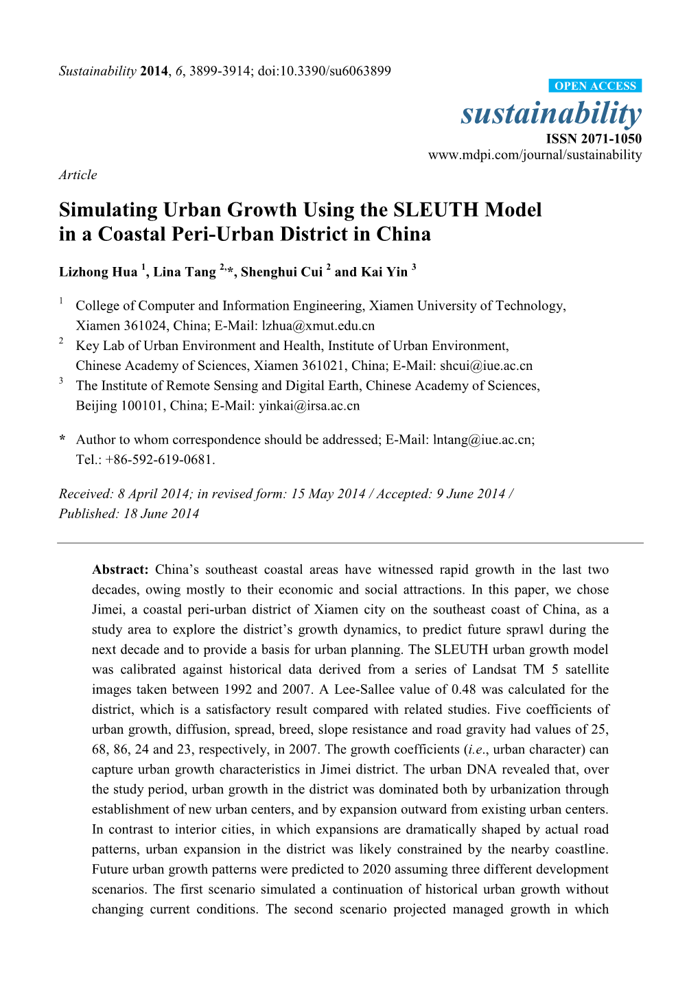 Simulating Urban Growth Using the SLEUTH Model in a Coastal Peri-Urban District in China