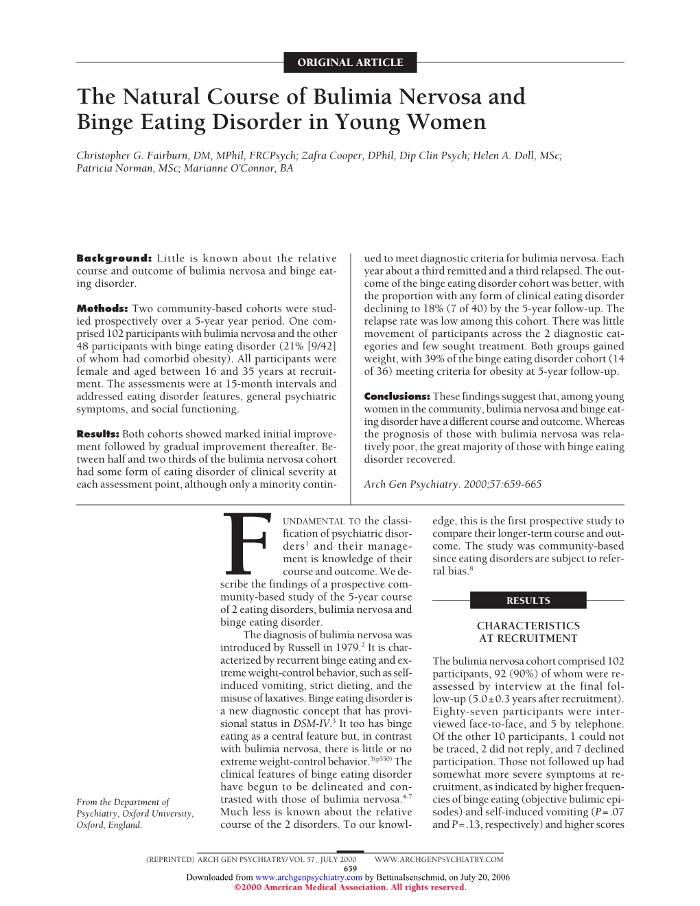 The Natural Course of Bulimia Nervosa and Binge Eating Disorder in Young Women