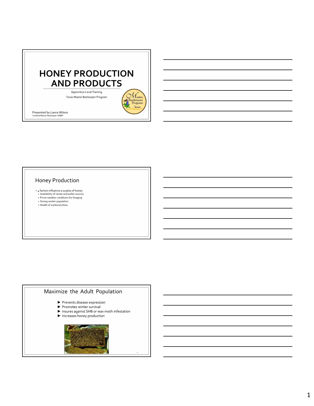 HONEY PRODUCTION and PRODUCTS Apprentice Level Training Texas Master Beekeeper Program