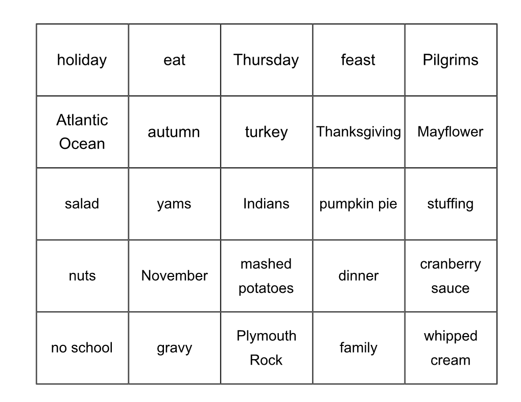 Thanksgiving Bingo