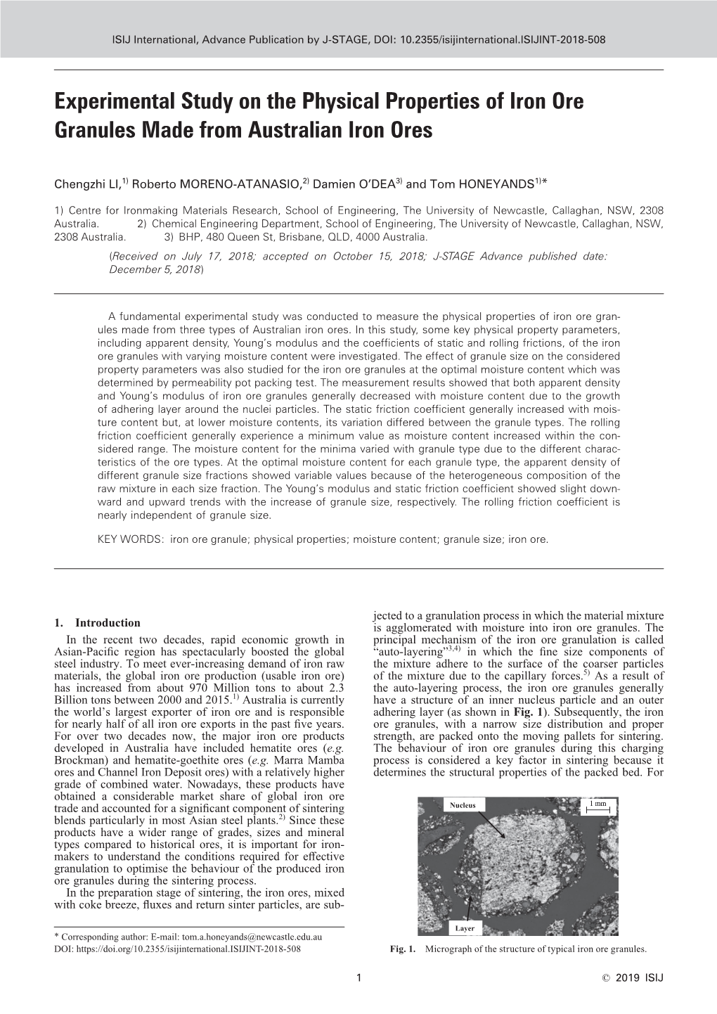 Experimental Study on the Physical Properties of Iron Ore Granules Made from Australian Iron Ores