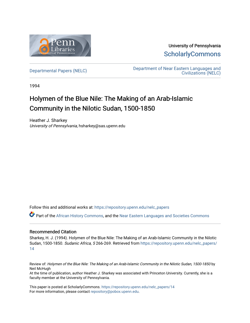 Holymen of the Blue Nile: the Making of an Arab-Islamic Community in the Nilotic Sudan, 1500-1850