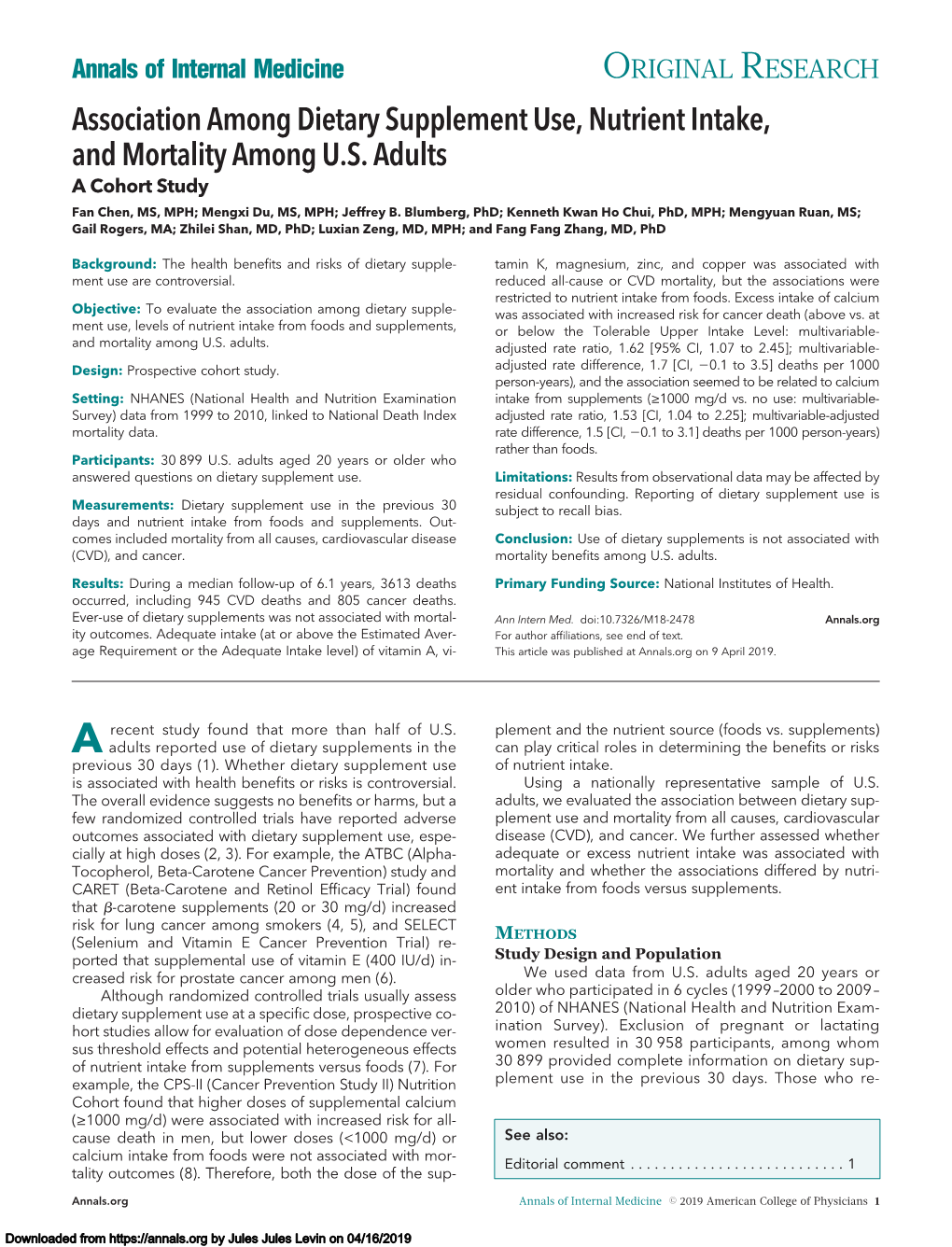 Association Among Dietary Supplement Use, Nutrient Intake, and Mortality Among U.S