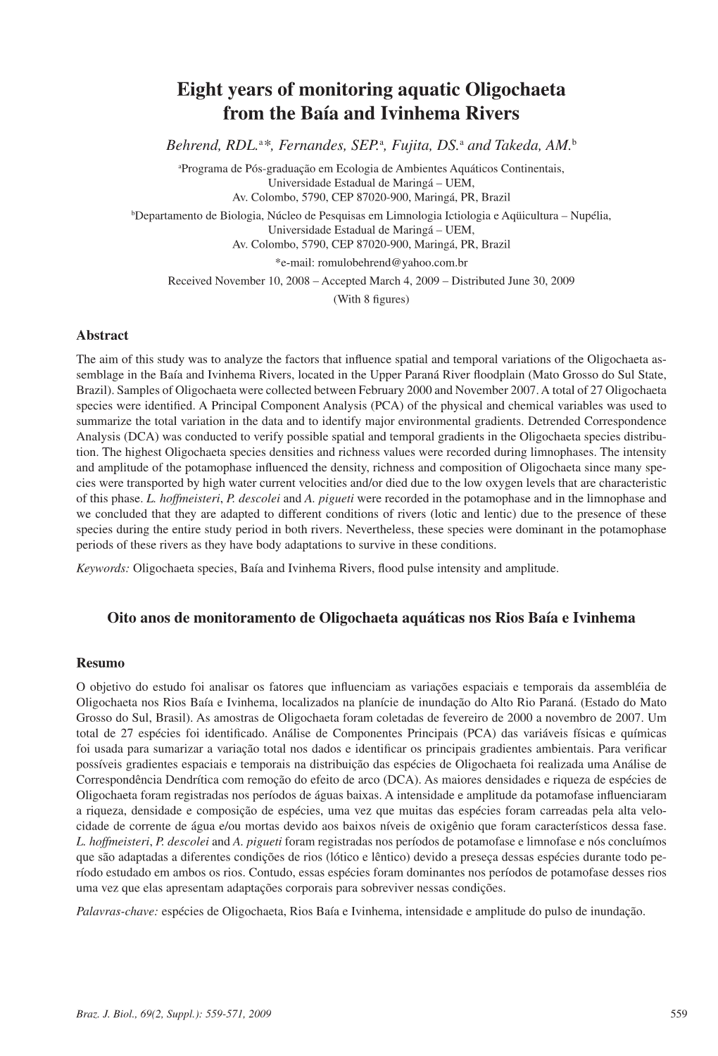 Eight Years of Monitoring Aquatic Oligochaeta from the Baía and Ivinhema Rivers