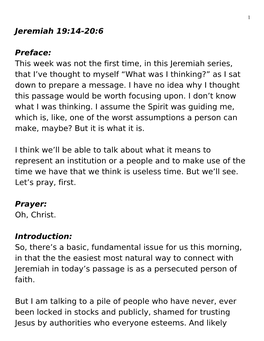 Jeremiah 19:14-20:6 Preface