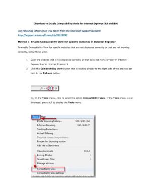 Directions to Enable Compatibility Mode for Internet Explorer (IE8 and IE9)