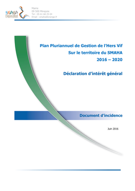 Plan Pluriannuel De Gestion De L'hers Vif Sur Le Territoire Du SMAHA 2016