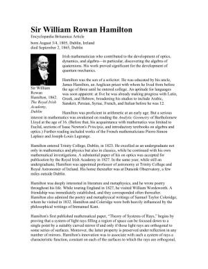 Sir William Rowan Hamilton Encyclopædia Britannica Article