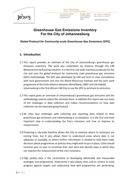 Greenhouse Gas Emissions Inventory for the City of Johannesburg