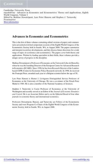 Advances in Economics and Econometrics: Theory and Applications, Eighth World Congress, Volume I Edited by Mathias Dewatripont, Lars Peter Hansen and Stephen J
