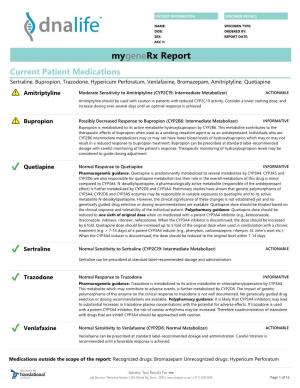 Mygenerx Report Current Patient Medications Sertraline, Bupropion, Trazodone, Hypericum Perforatum, Venlafaxine, Bromazepam, Amitriptyline, Quetiapine