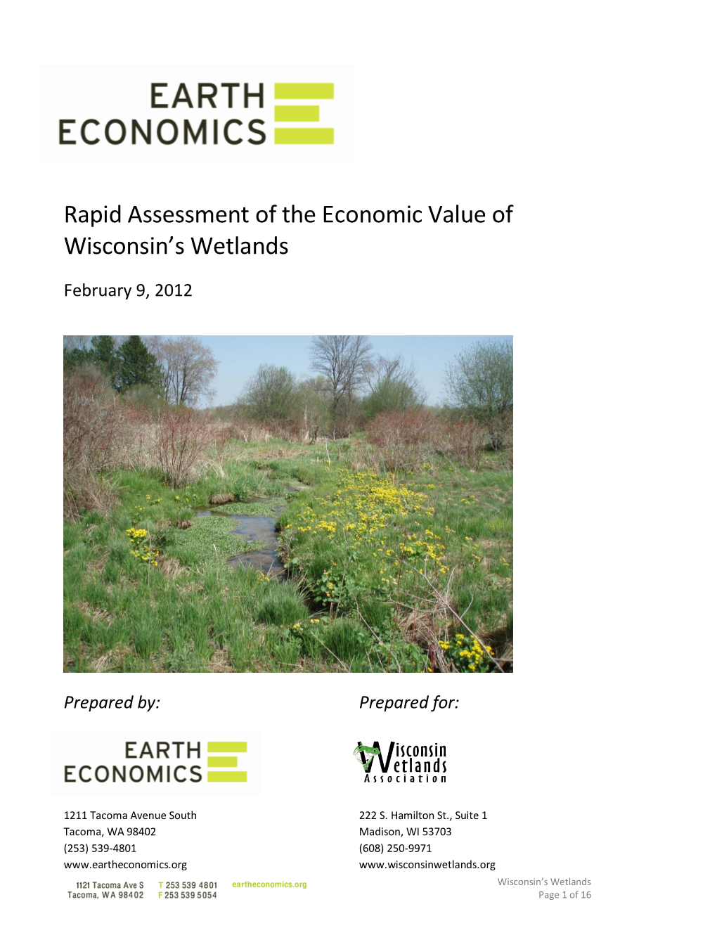 Rapid Assessment of the Economic Value of Wisconsin's Wetlands