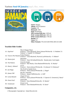 Various Soul of Jamaica Mp3, Flac, Wma