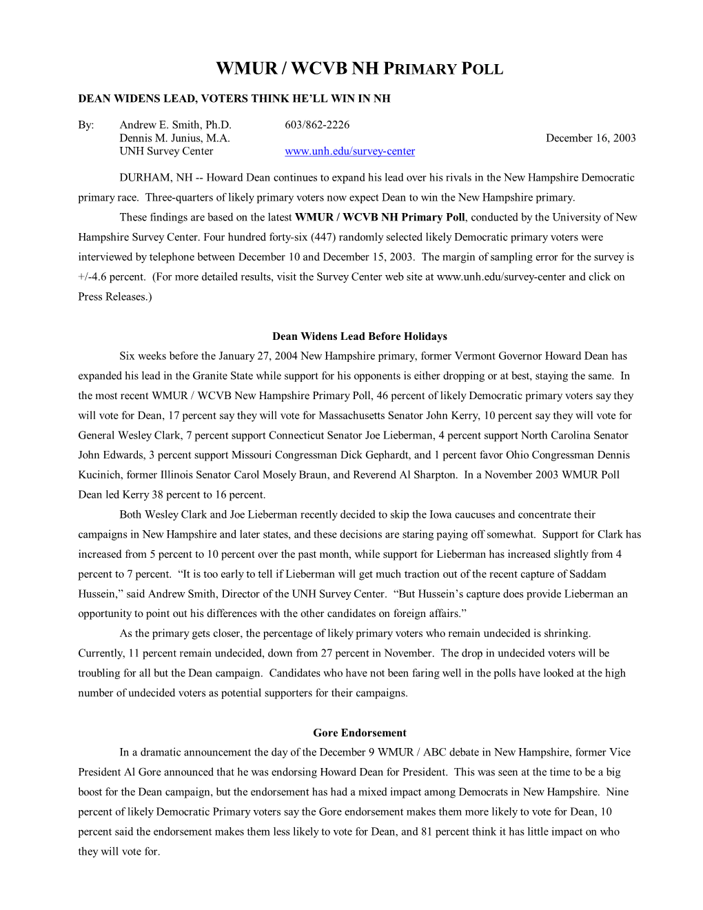 Dean Widens Lead, Voters Think He'll Win in NH 12/16/2003