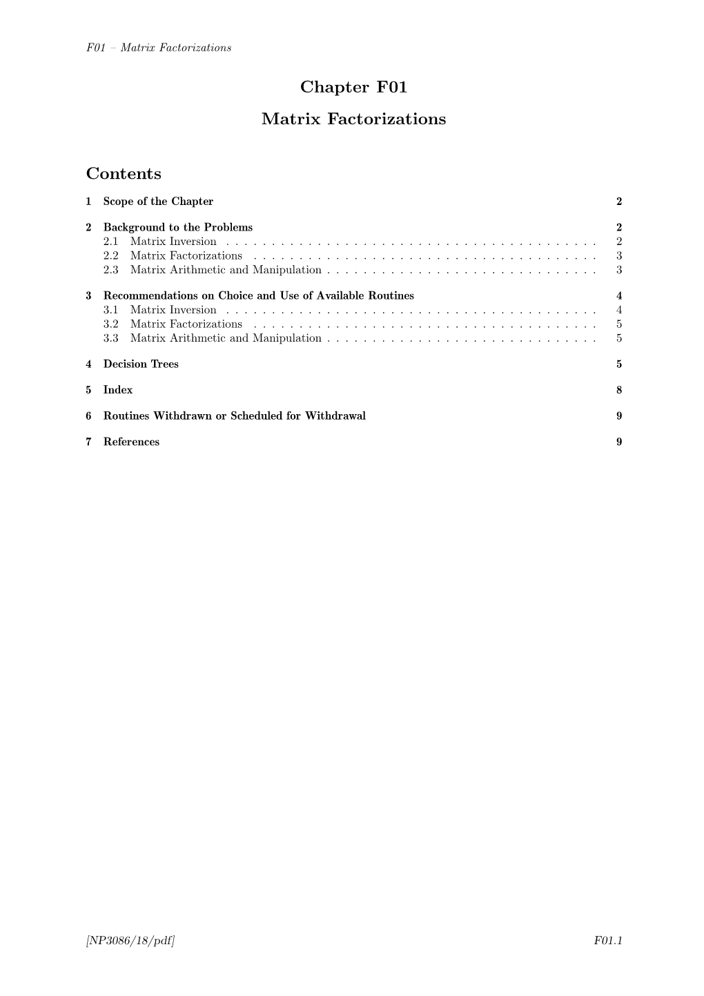 Chapter F01 Matrix Factorizations Contents