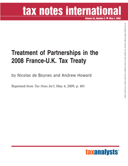 Treatment of Partnerships in the 2008 France-U.K. Tax Treaty by Nicolas De Boynes and Andrew Howard