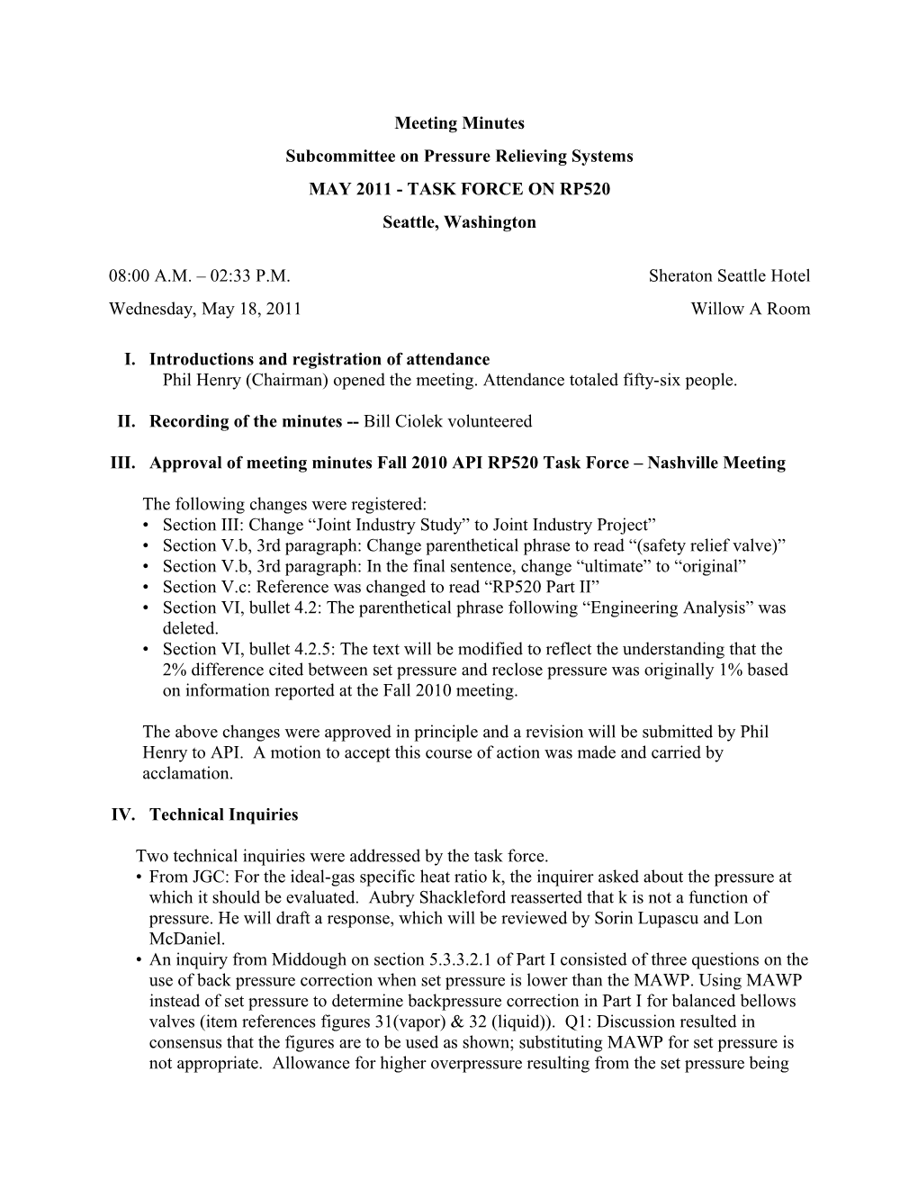 Subcommittee on Pressure Relieving Systems