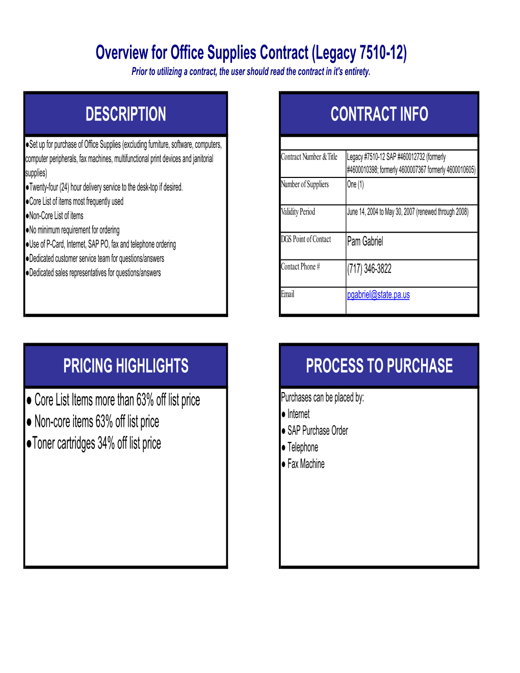 Office Supplies Contract (Legacy 7510-12) Prior to Utilizing a Contract, the User Should Read the Contract in It's Entirety