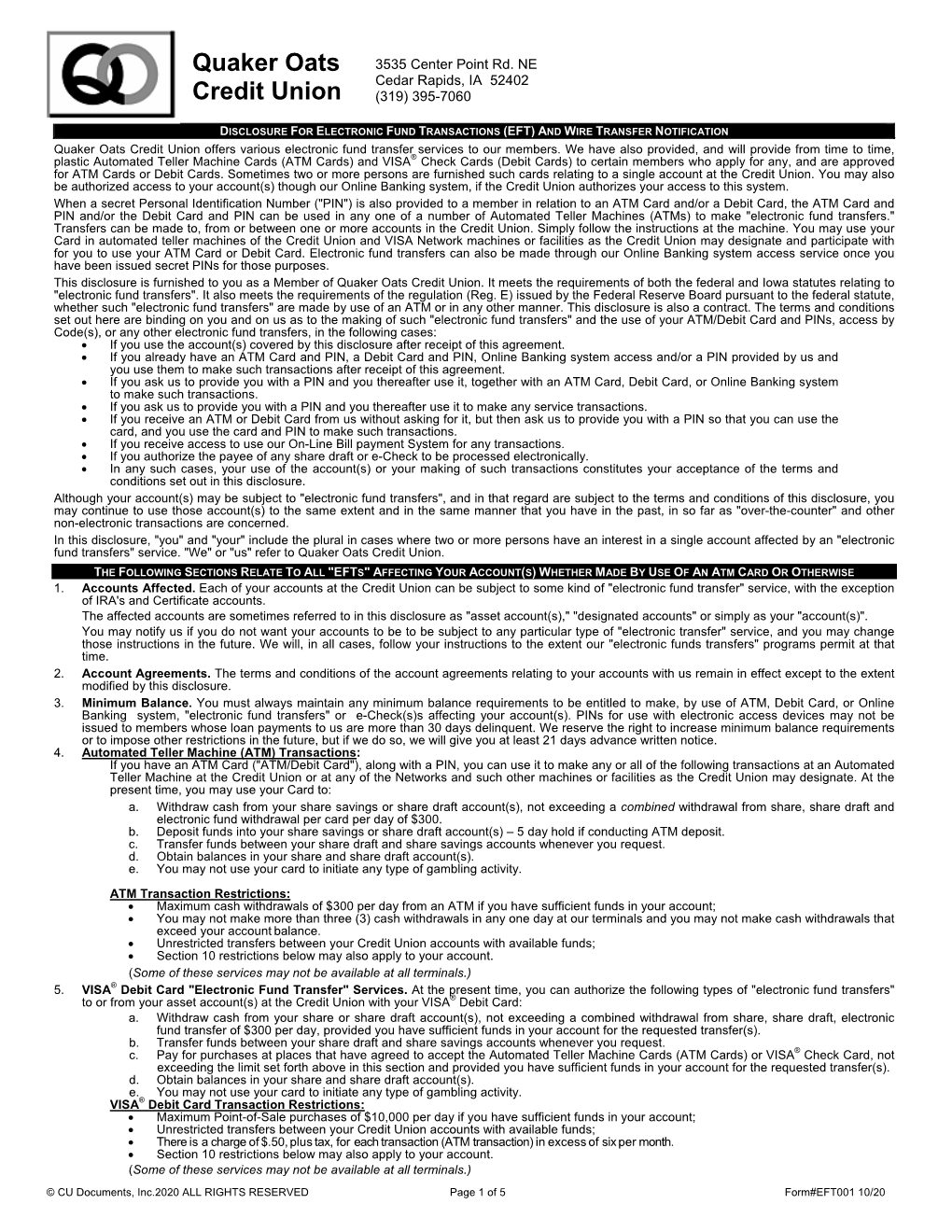 Disclosure for Electronic Fund Transactions (EFT) and Wire Transfer