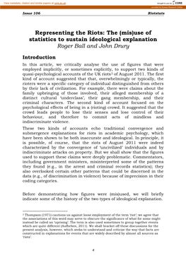 Representing the Riots: the (Mis)Use of Statistics to Sustain Ideological Explanation Roger Ball and John Drury