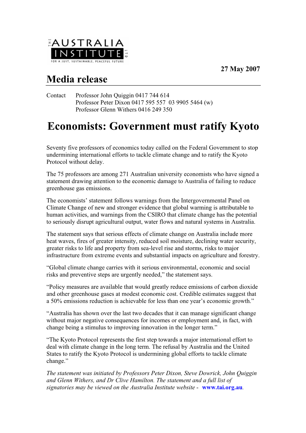 Economists: Government Must Ratify Kyoto