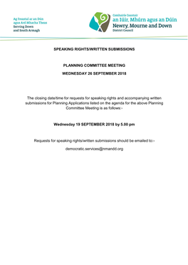 Planning Committee Meeting Schedule for 26 September 2018
