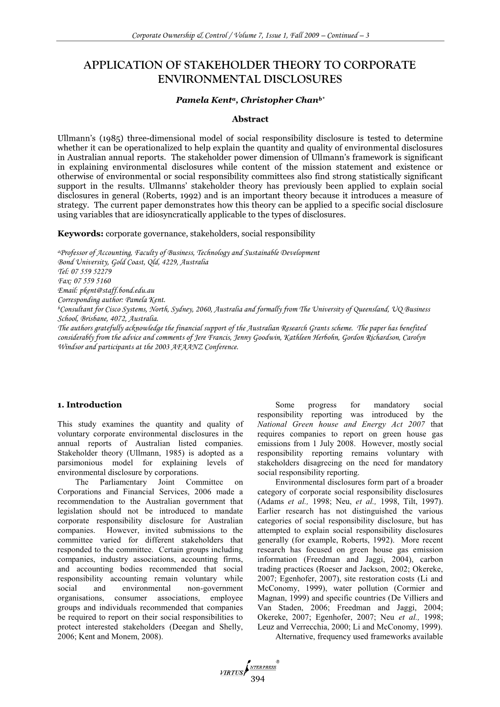 Application of Stakeholder Theory to Corporate Environmental Disclosures