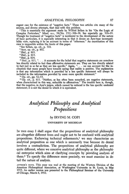 Analytical Philosophy and Analytical Propositions
