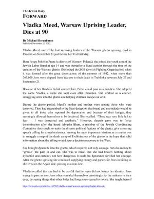 Vladka Meed, Warsaw Uprising Leader, Dies at 90