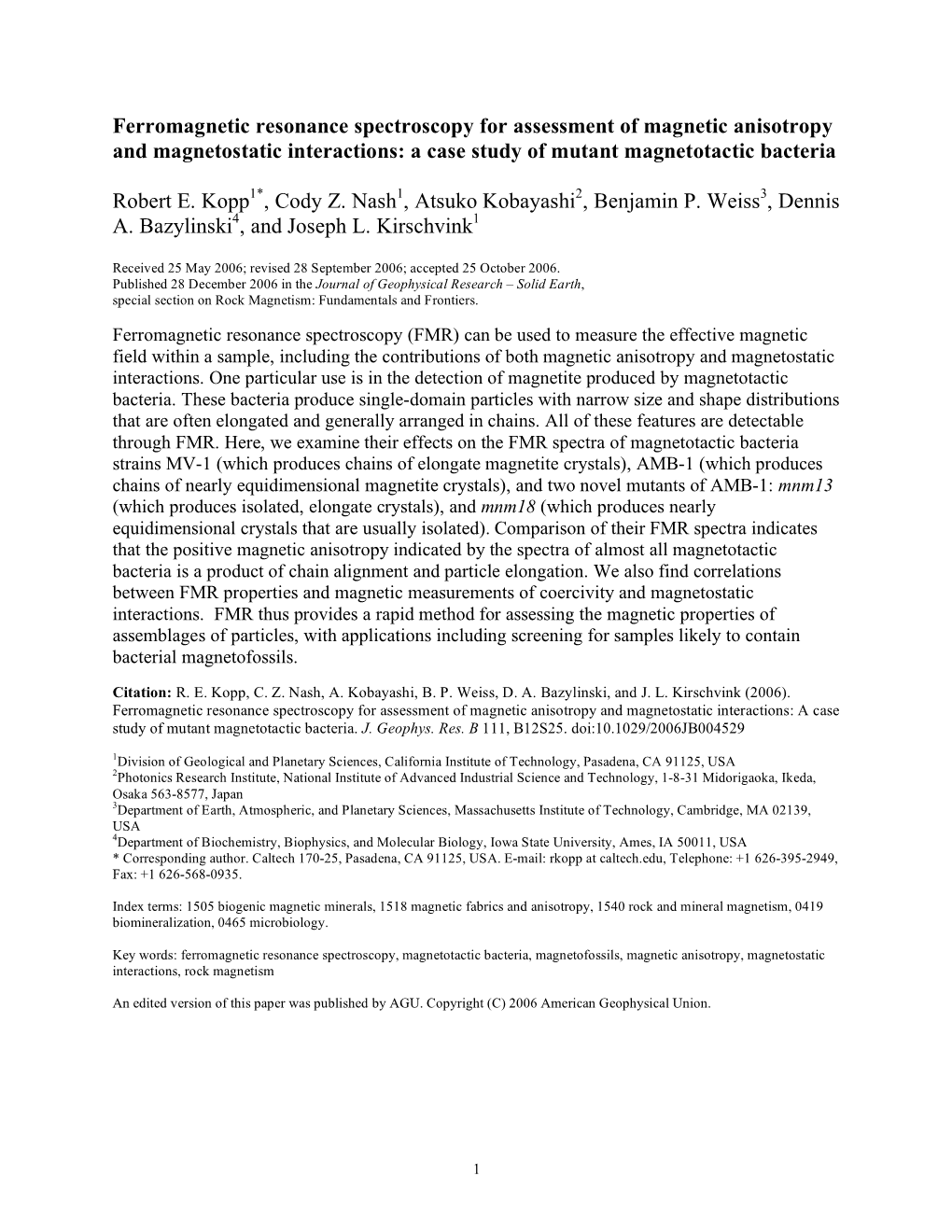 Ferromagnetic Resonance Spectroscopy for Assessment of Magnetic Anisotropy and Magnetostatic Interactions: a Case Study of Mutant Magnetotactic Bacteria