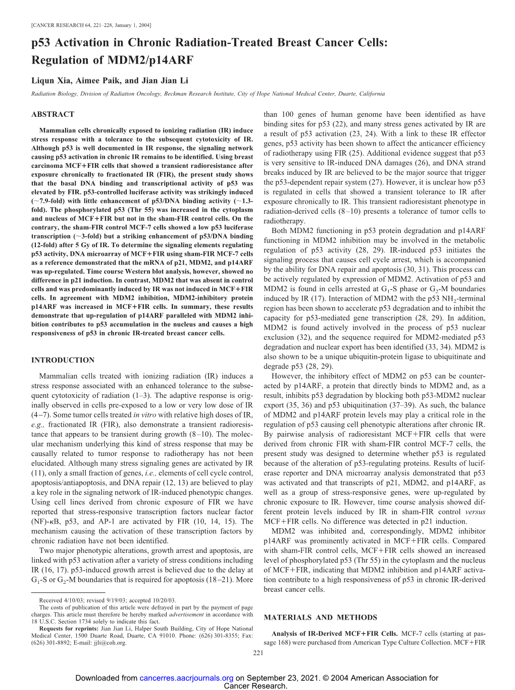 P53 Activation in Chronic Radiation-Treated Breast Cancer Cells: Regulation of MDM2/P14arf