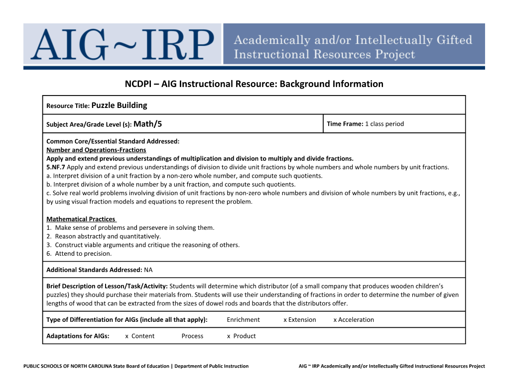 NCDPI AIG Instructional Resource: Background Information s11