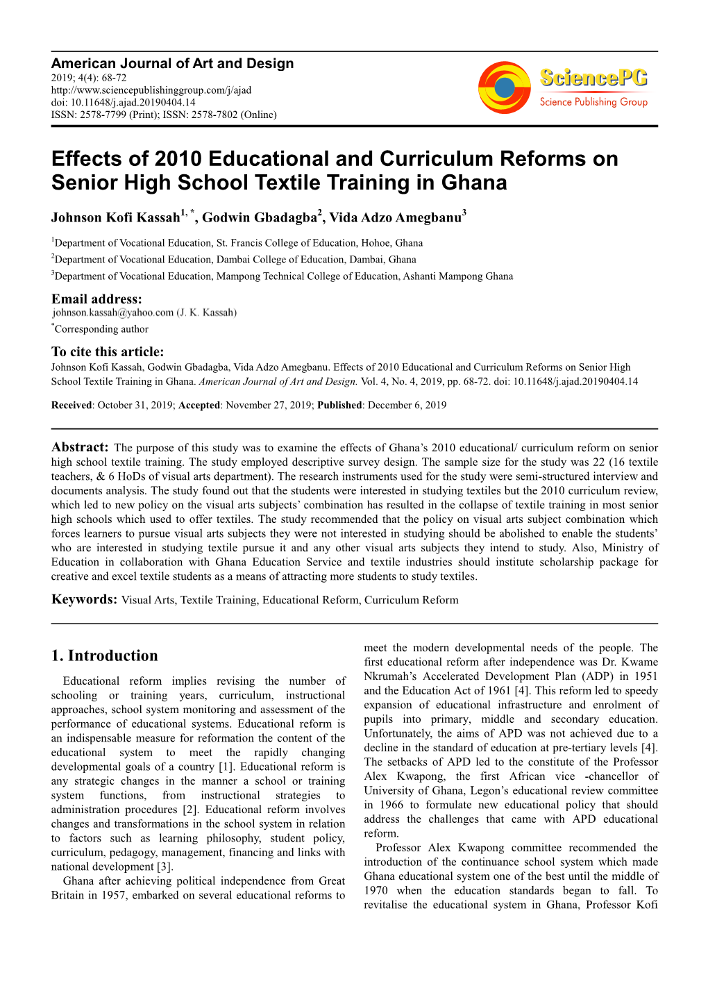 Effects of 2010 Educational and Curriculum Reforms on Senior High School Textile Training in Ghana