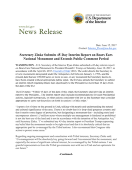Secretary Zinke Submits 45-Day Interim Report on Bears Ears National Monument and Extends Public Comment Period