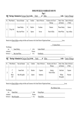 BOOK ONE KILLEA MARRIAGES 1845-1931 Page 1 1845 Marriage Solemnized at Carrigans Church in the Parish of Killea in the County of Donegal