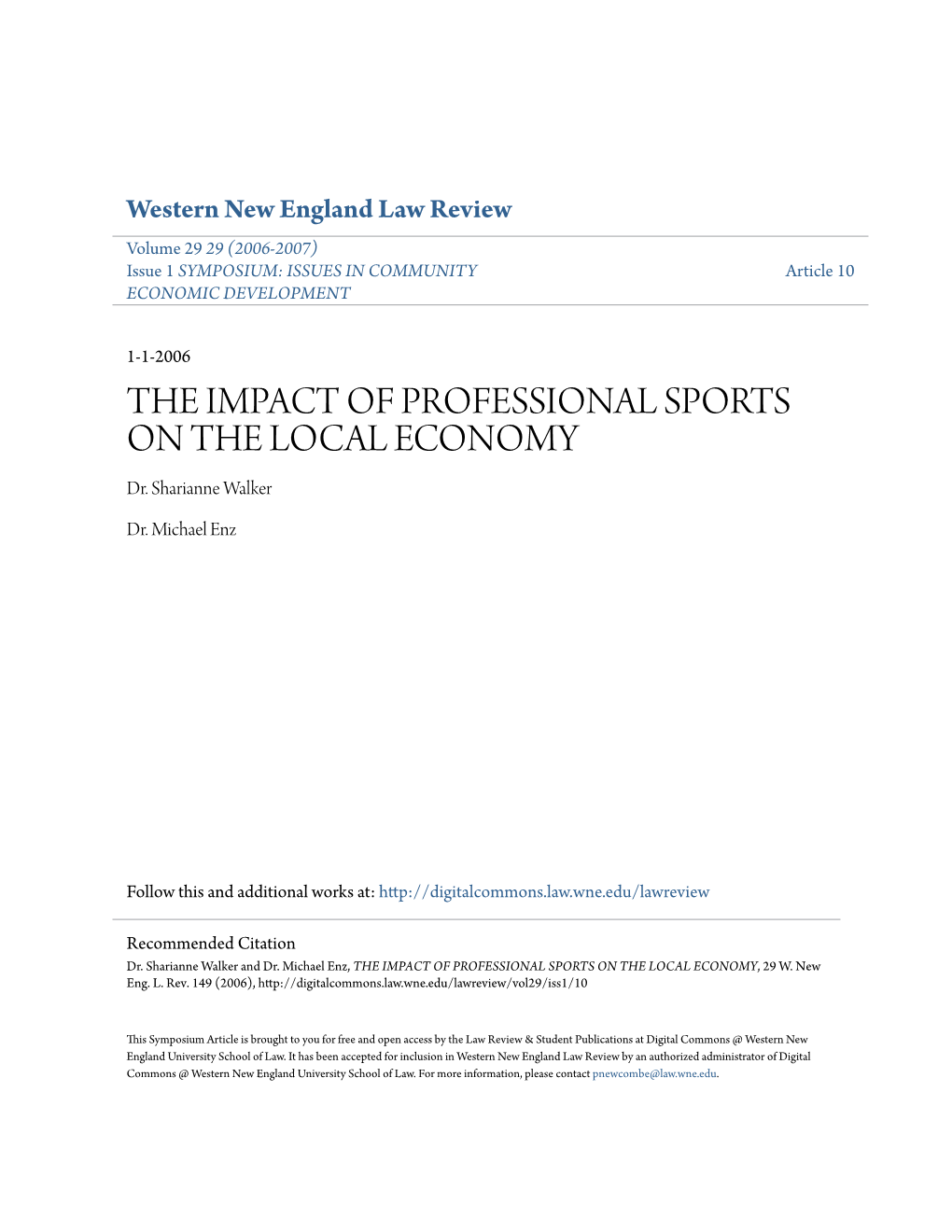 THE IMPACT of PROFESSIONAL SPORTS on the LOCAL ECONOMY Dr