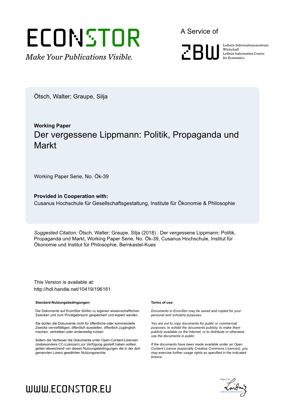 Der Vergessene Lippmann: Politik, Propaganda Und Markt