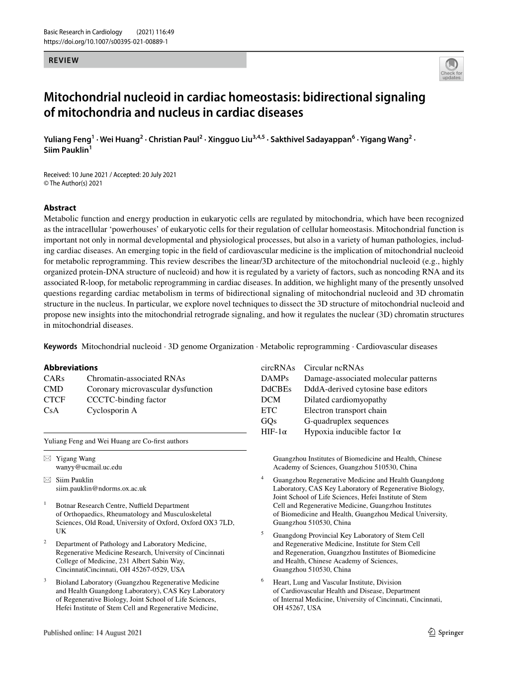 Mitochondrial Nucleoid in Cardiac Homeostasis: Bidirectional Signaling of Mitochondria and Nucleus in Cardiac Diseases