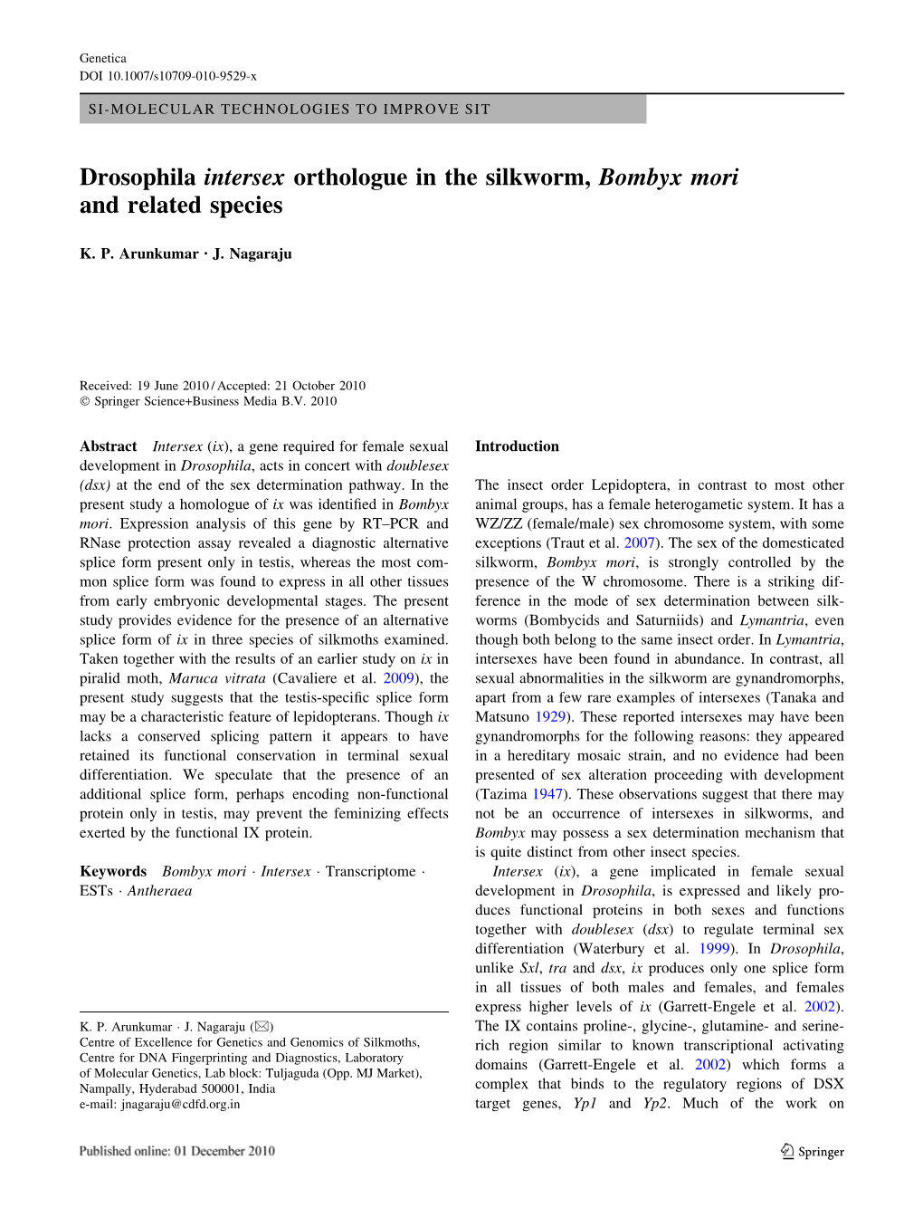 Drosophila Intersex Orthologue in the Silkworm, Bombyx Mori and Related Species