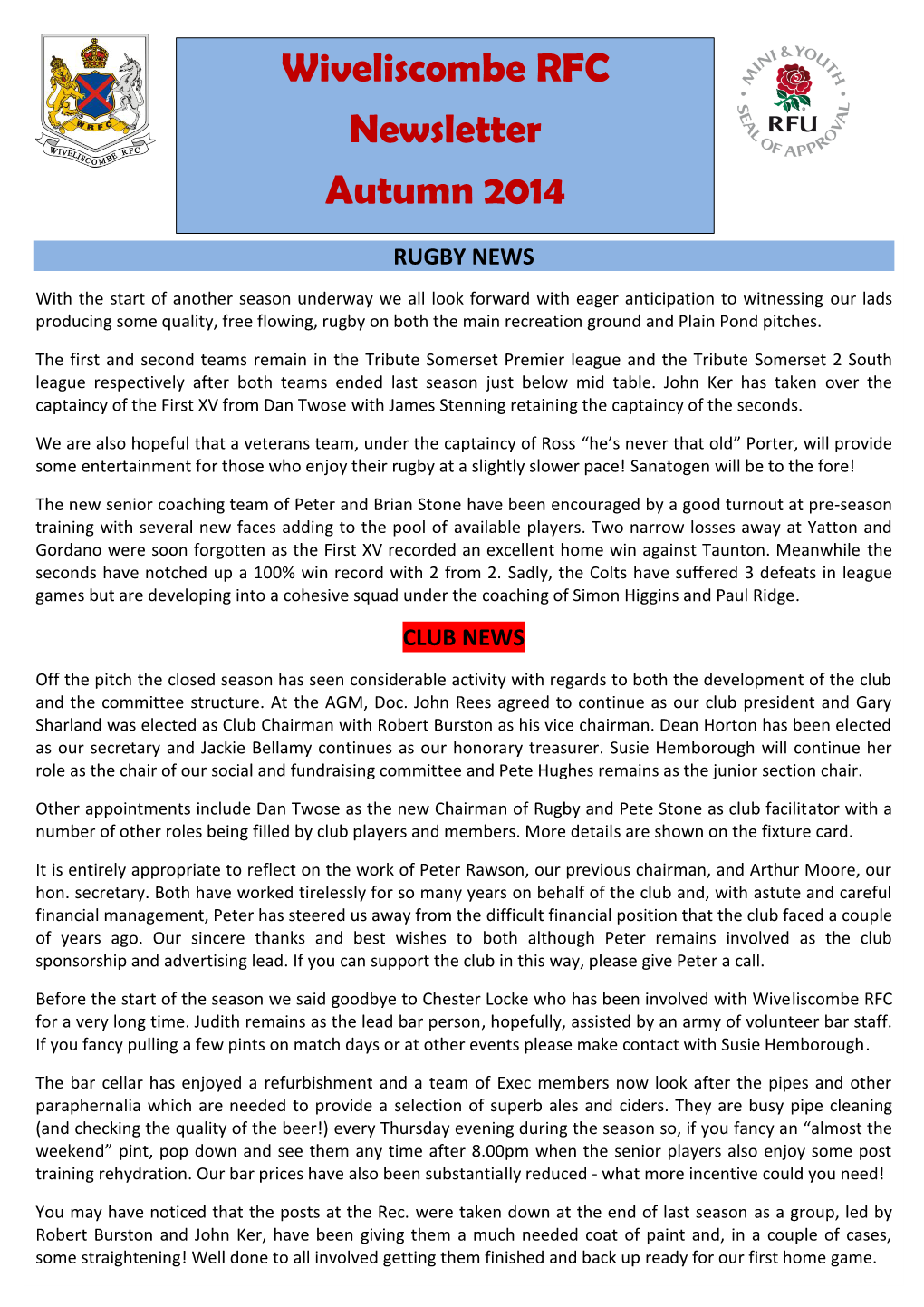 Wiveliscombe RFC Newsletter Autumn 2014