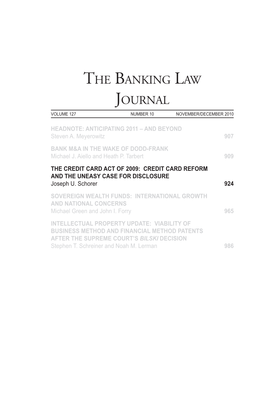 The Banking Law Journal Volume 127 Number 10 November/December 2010