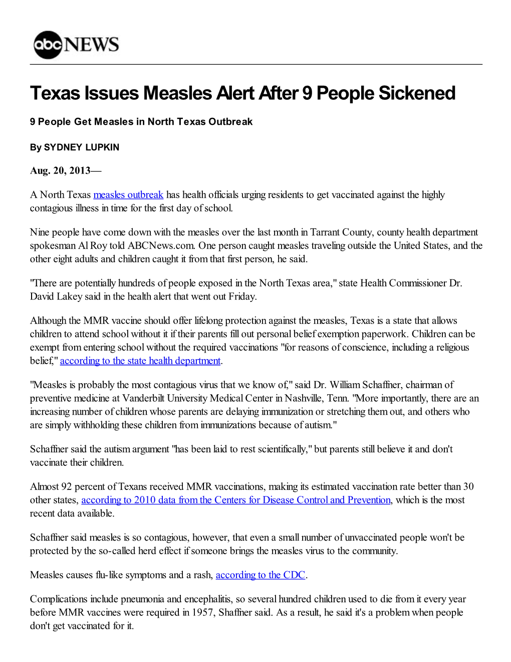 Texas Issues Measles Alert After 9 People Sickened
