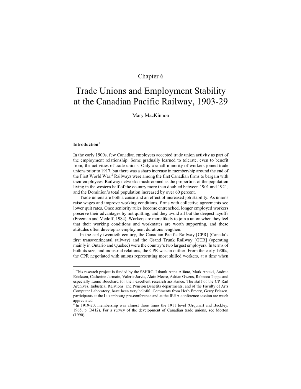 Trade Unions and Employment Stability at the Canadian Pacific Railway, 1903-29